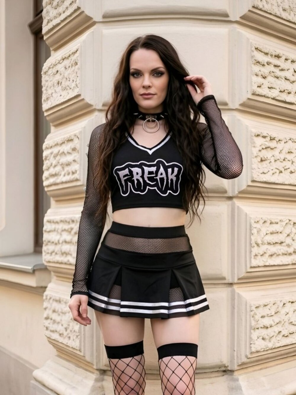 Trickz N’ Treatz ✦ Freak ’Em Out Cheerleader Costume ✦ Fishnet Long‑Sleeve NWT